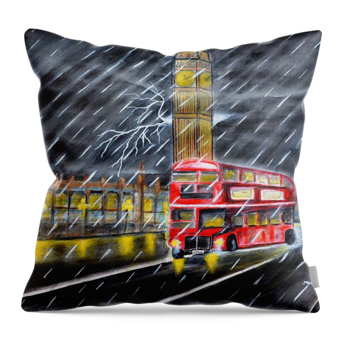 London Throw Pillow featuring the painting Red bus in London Night Rain by Manjiri Kanvinde