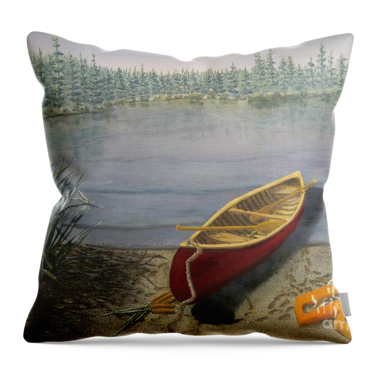 Landscape Throw Pillow featuring the painting Red Canoe 3 by J O Huppler