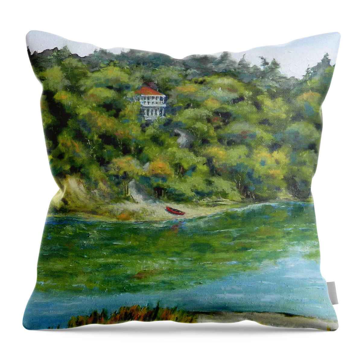 Landscape Throw Pillow featuring the painting Red Canoe by William Reed