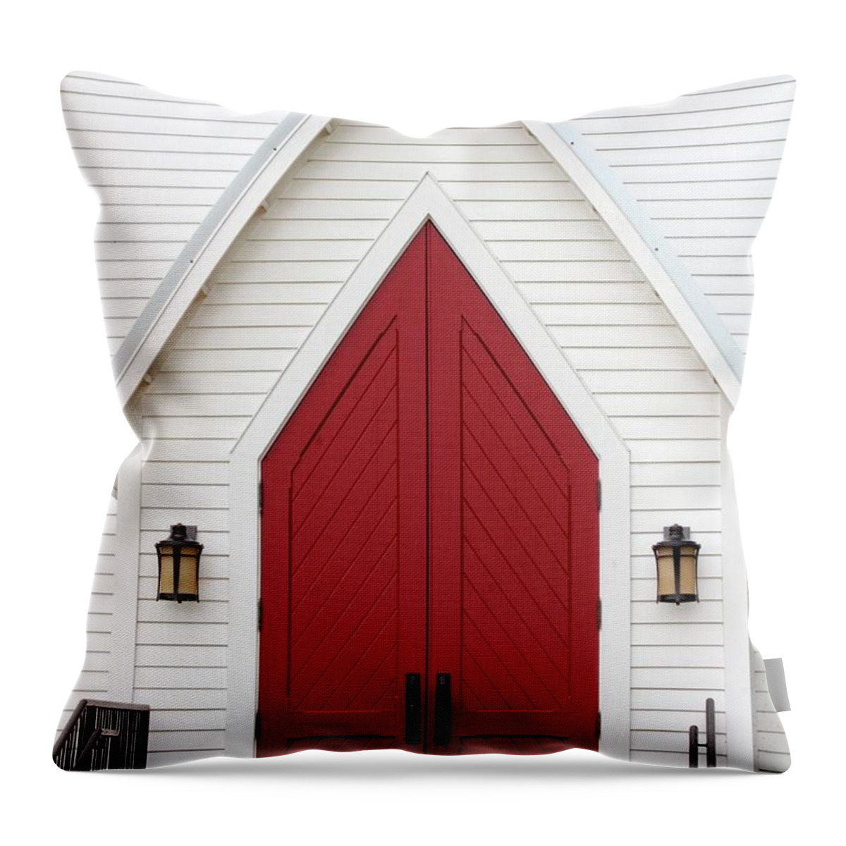 Red Throw Pillow featuring the photograph Red Chapel Door by Ella Kaye Dickey
