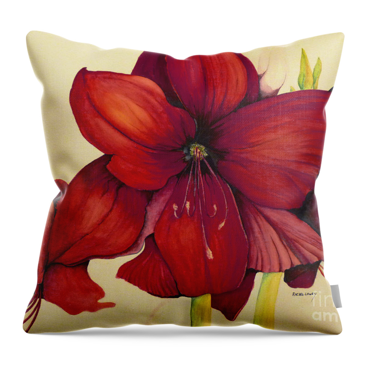 Amaryllis Throw Pillow featuring the painting RED Christmas Amaryllis by Rachel Lowry