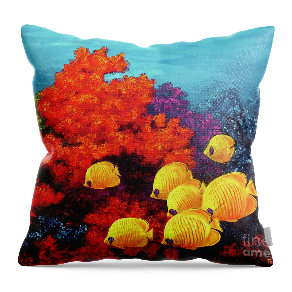 Sea Anemone Throw Pillow featuring the painting Red Coral and Butterfly Fish by Tom Chapman