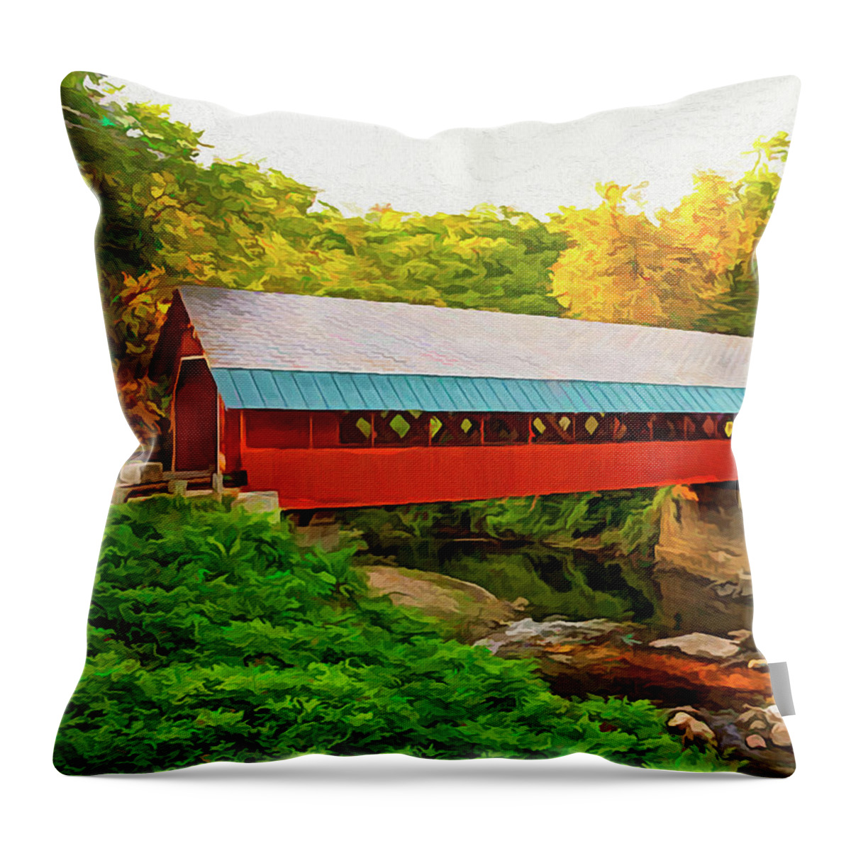 Covered Bridge Throw Pillow featuring the digital art Red Covered Bridge by Walter Colvin