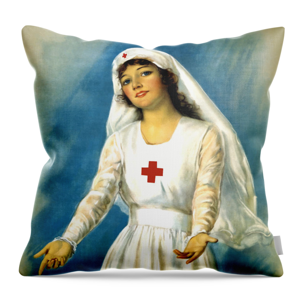 Ww1 Throw Pillow featuring the painting Red Cross Nurse - WW1 by War Is Hell Store