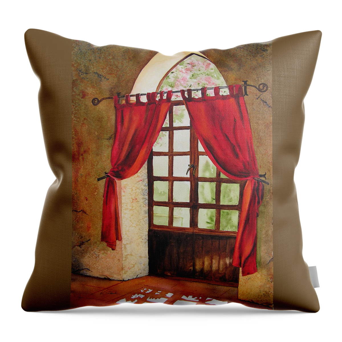 Curtain Throw Pillow featuring the painting Red Curtain by Karen Stark