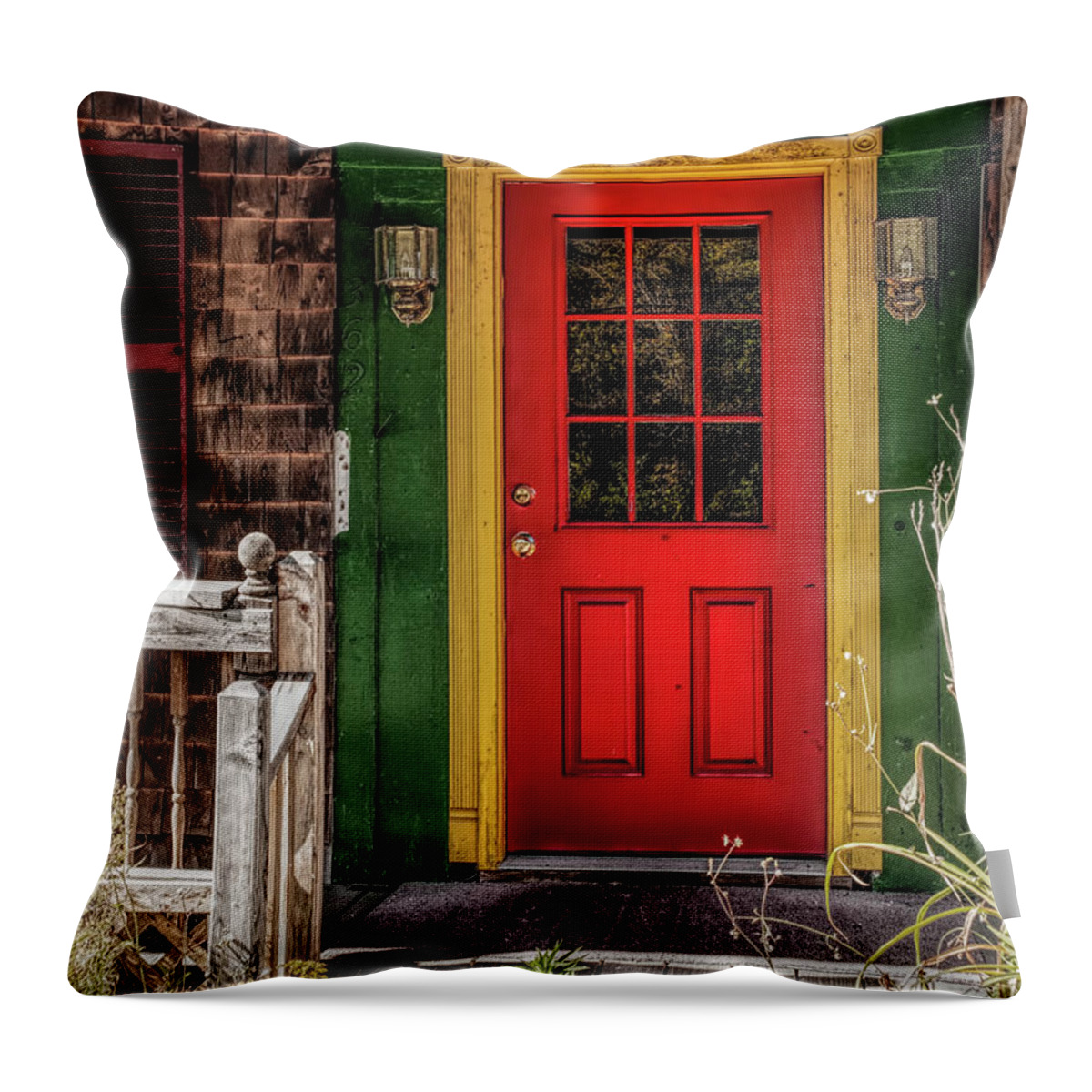 Door; Searsport; Maine; Digital Art; New England Throw Pillow featuring the photograph Red Door by Mick Burkey