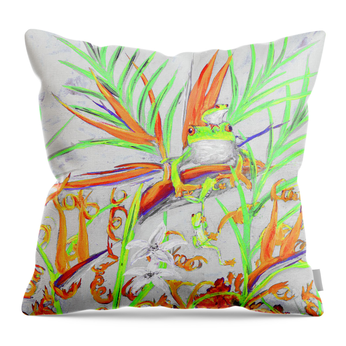 Tree Throw Pillow featuring the painting Red Eyed Tree Frogs On Birds Of Paradise Tropical Flowers White by Ken Figurski