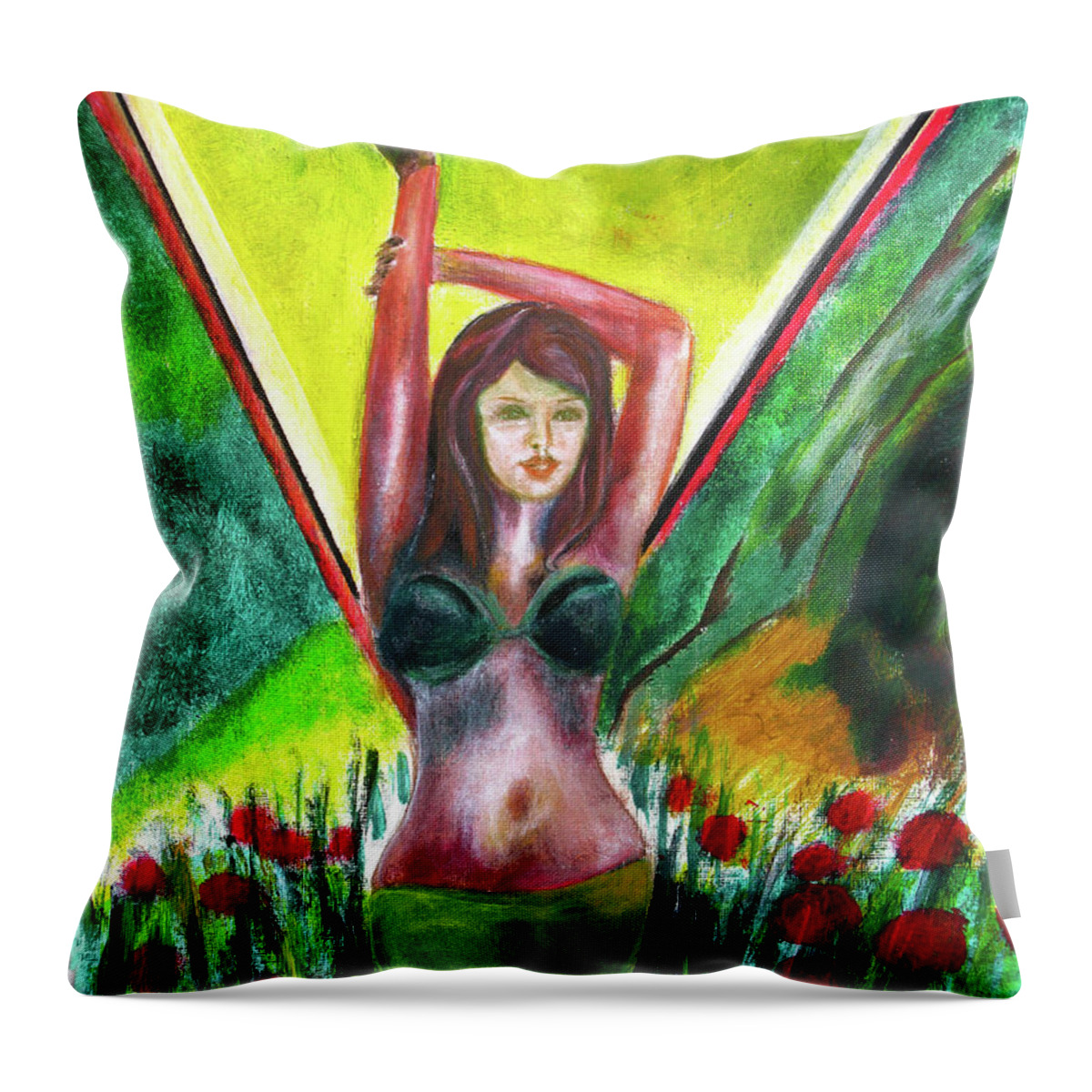 Flowers Throw Pillow featuring the painting Red Flowers and the Girl in Green by Tom Conway