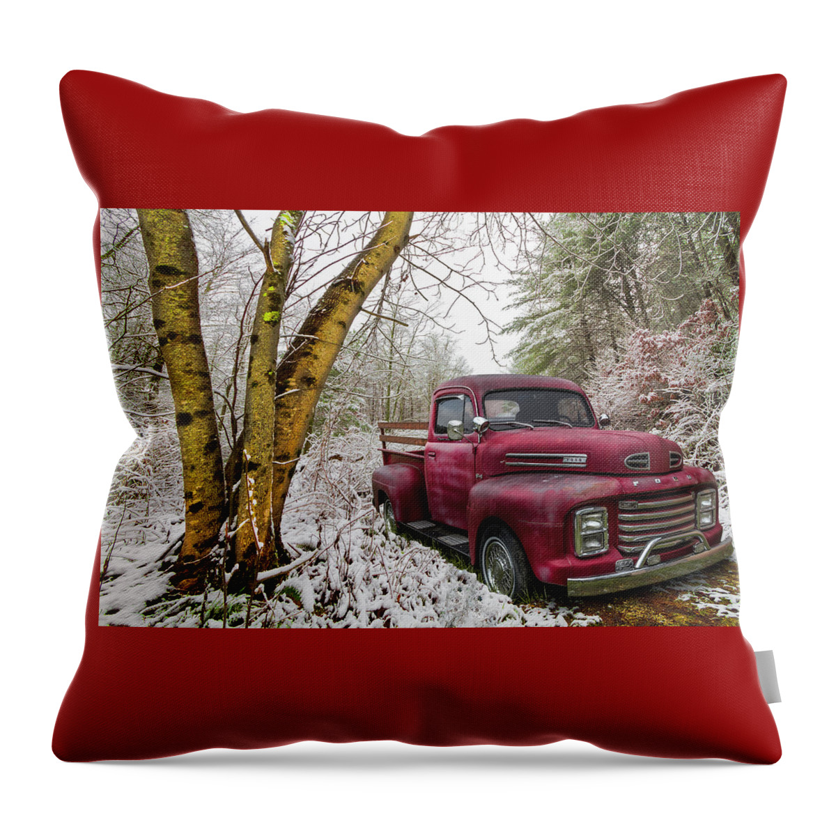 Truck Throw Pillow featuring the photograph Red Ford Truck in the Snow by Debra and Dave Vanderlaan