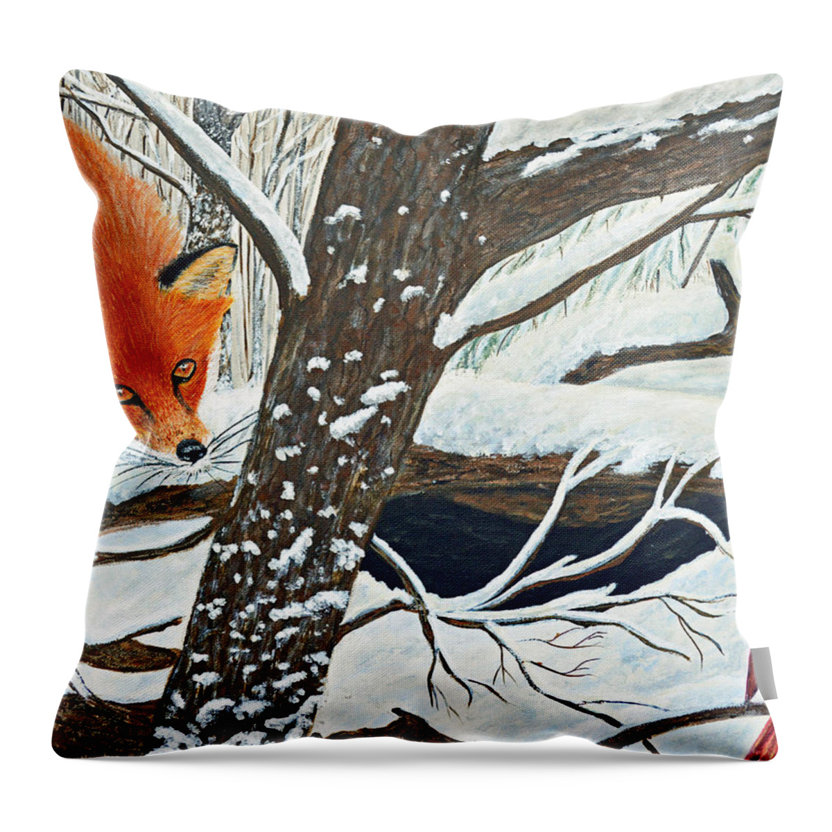 Cardinal Throw Pillow featuring the painting Red fox and Cardinal by Ken Figurski