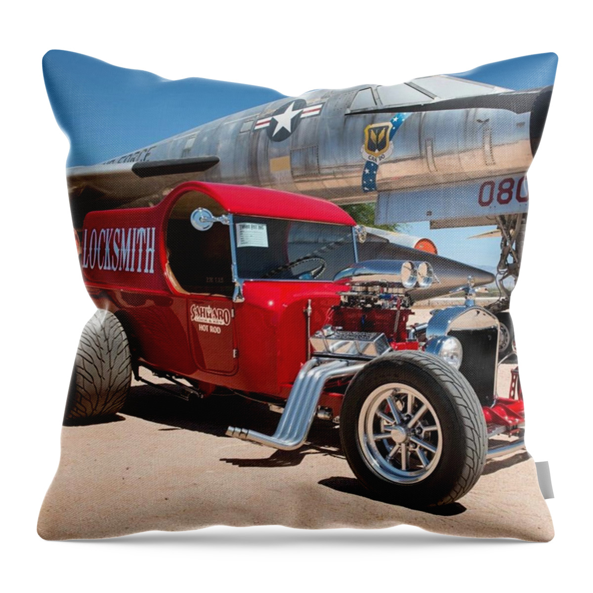 Arizona Throw Pillow featuring the photograph Red Hot Rod Next To Vintage Airplane by Michael Moriarty