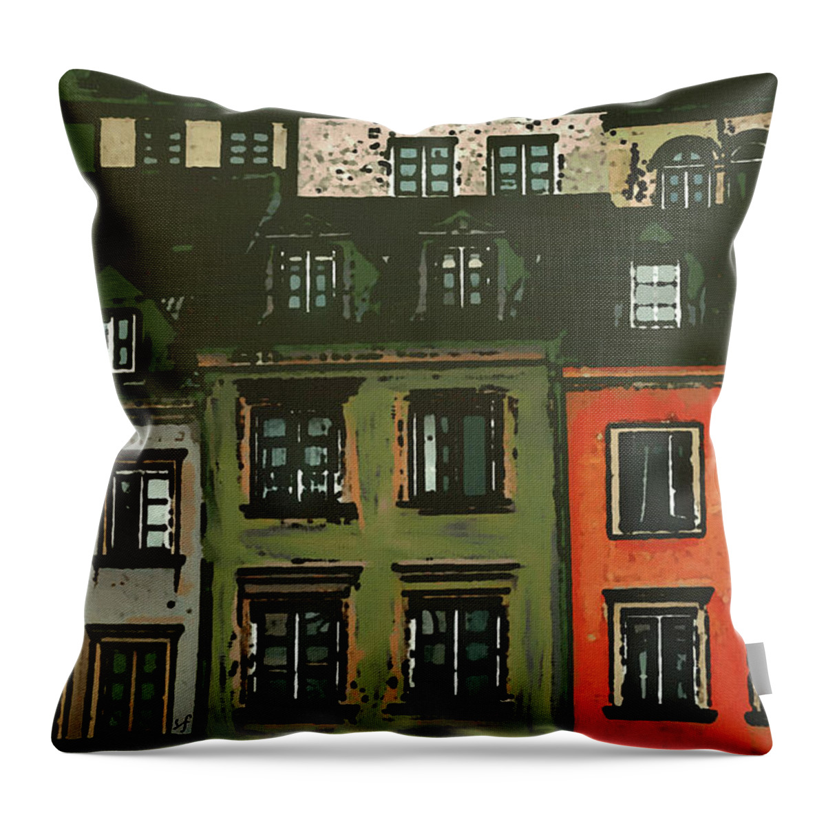 Row Houses Throw Pillow featuring the mixed media Red House in a Row by Shelli Fitzpatrick