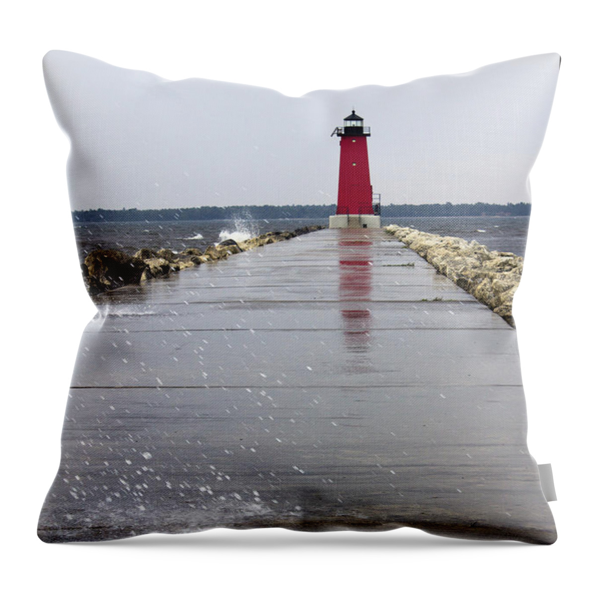 Manistique Throw Pillow featuring the photograph Red Lighthouse by Tara Lynn