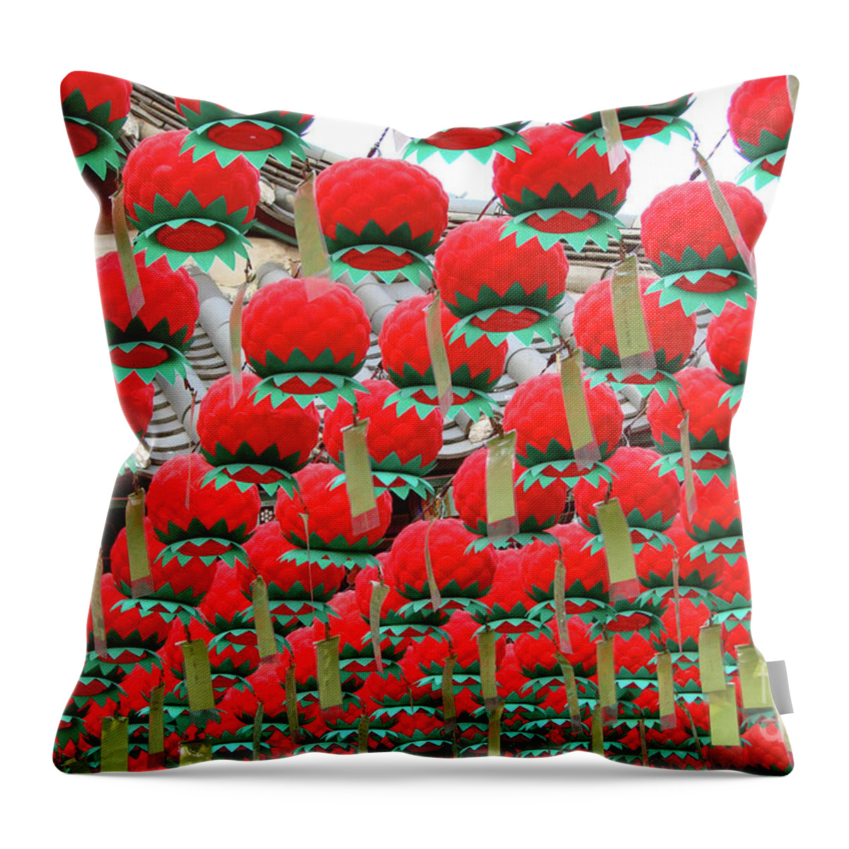 Lotus Throw Pillow featuring the photograph Red lotus lanterns in Seoul by Delphimages Photo Creations