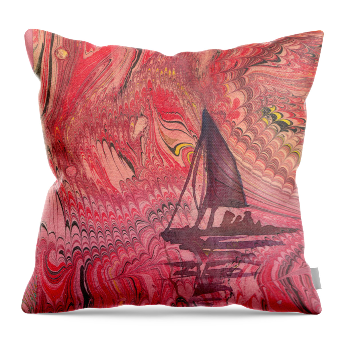 Watercolor On Marbled Paper Throw Pillow featuring the painting Red Marbled Sailboat by Denice Palanuk Wilson