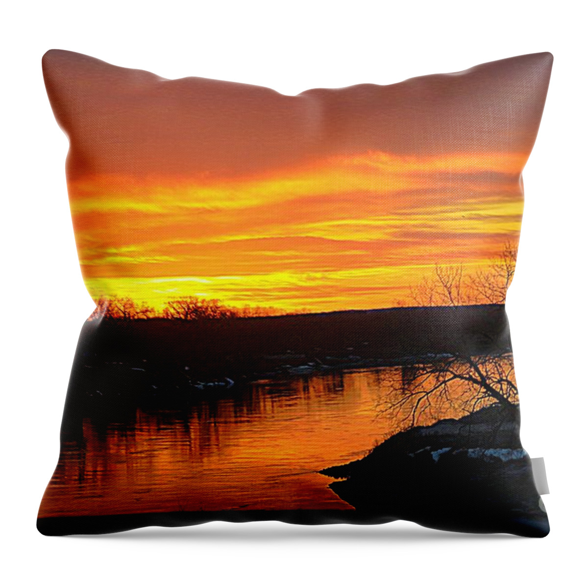 Sun Setting Throw Pillow featuring the photograph Red Missouri River by Yumi Johnson