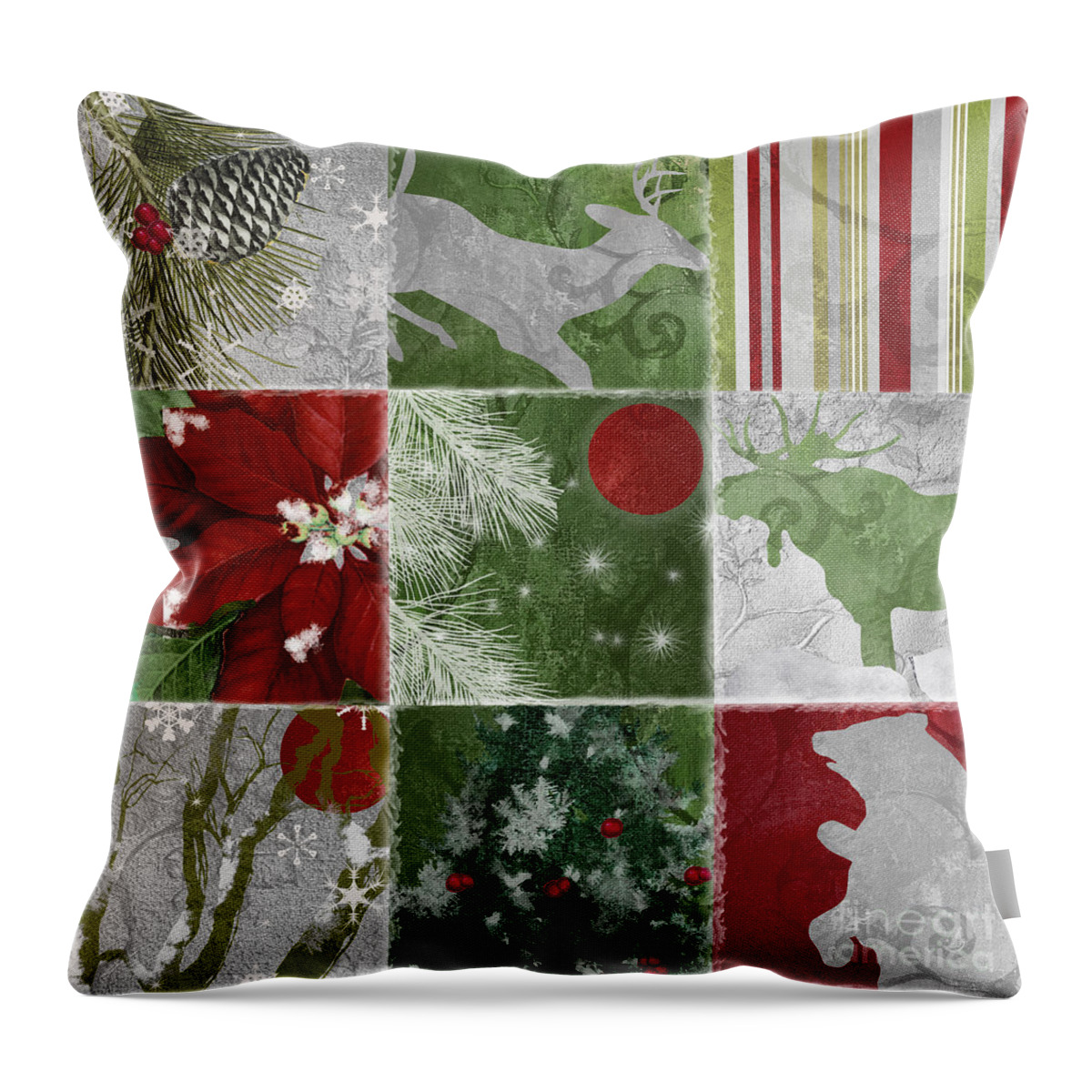 Christmas Patchwork Throw Pillow featuring the painting Red Moon Christmas Patchwork by Mindy Sommers
