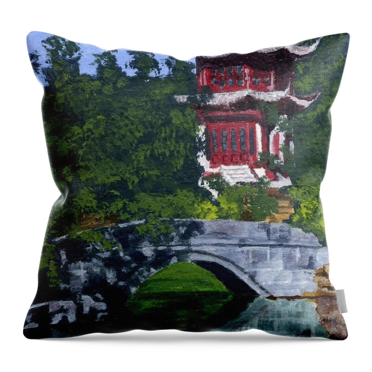 Pagoda Throw Pillow featuring the painting Red Pagoda by Lynne Reichhart