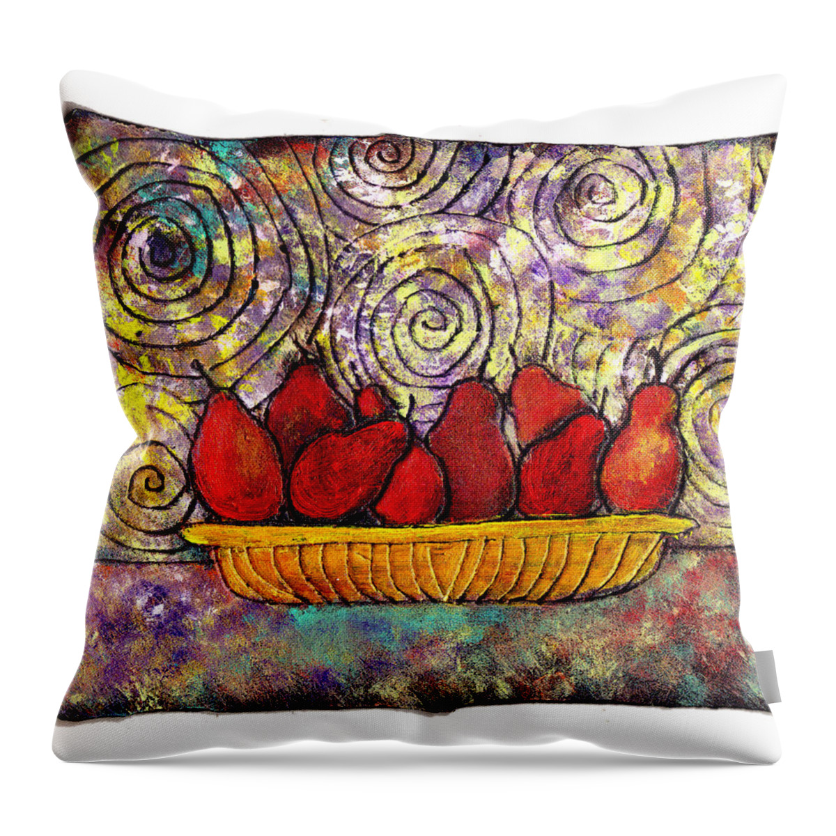Spirals Throw Pillow featuring the painting Red Pears in a bowl by Wayne Potrafka
