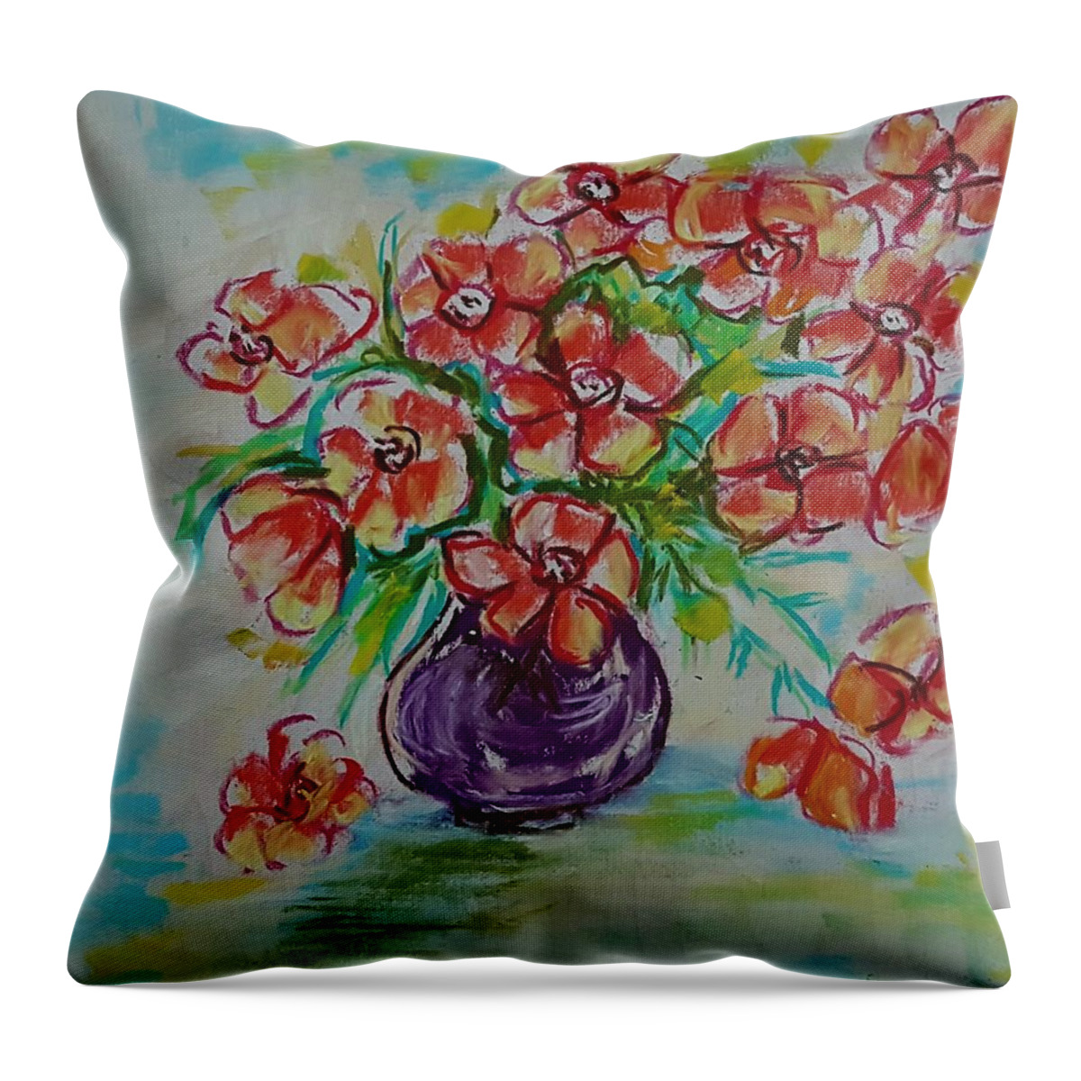 Poppies Throw Pillow featuring the drawing Red poppies in vase by Hae Kim