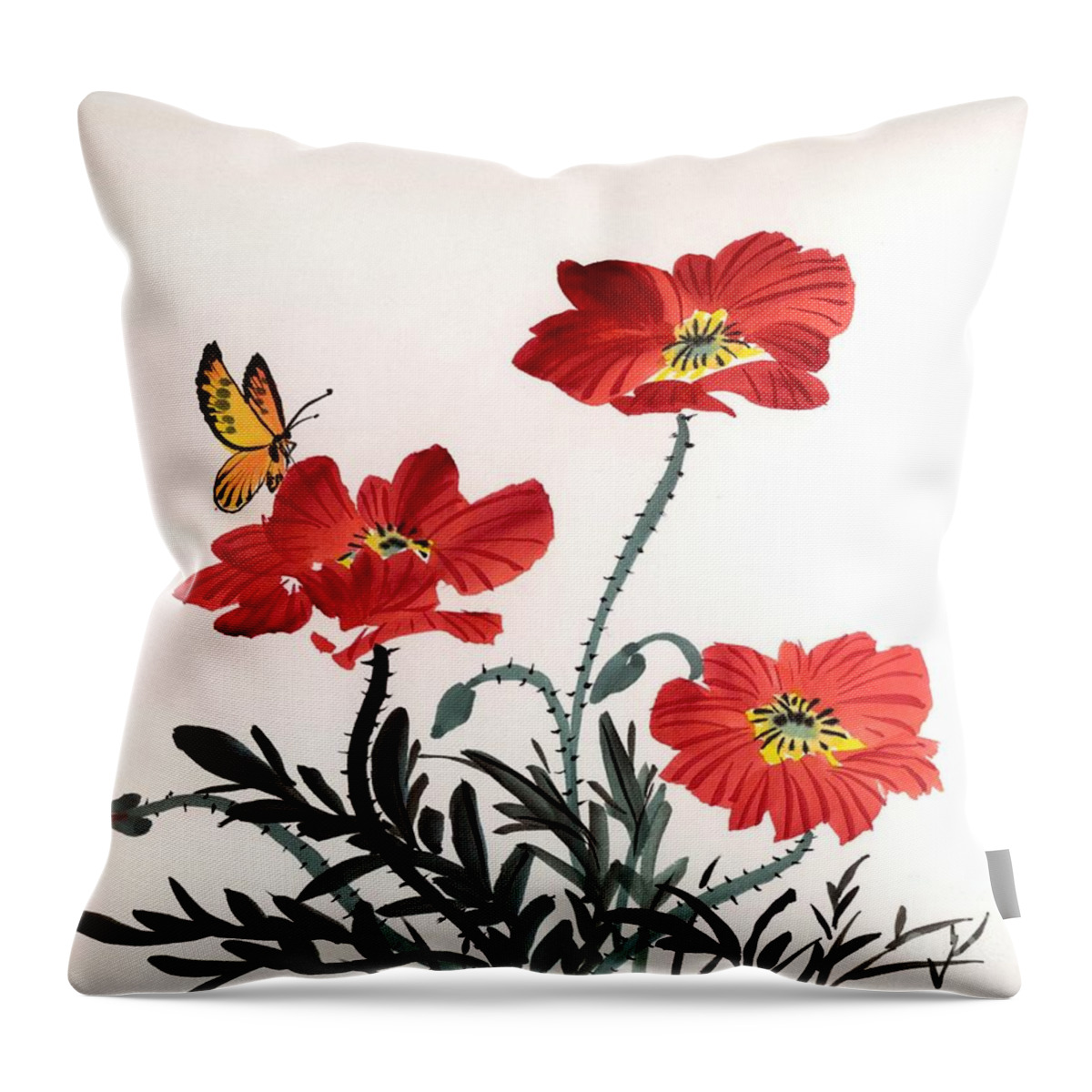 Floral Throw Pillow featuring the painting Red Poppies by Yolanda Koh