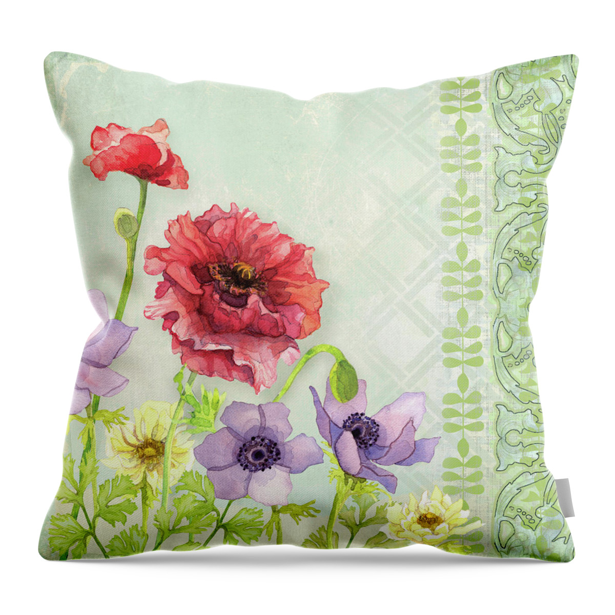 Red Poppy Throw Pillow featuring the painting Red Poppy Purple Anenomes Wind Flowers IV - Retro Modern Patterns by Audrey Jeanne Roberts
