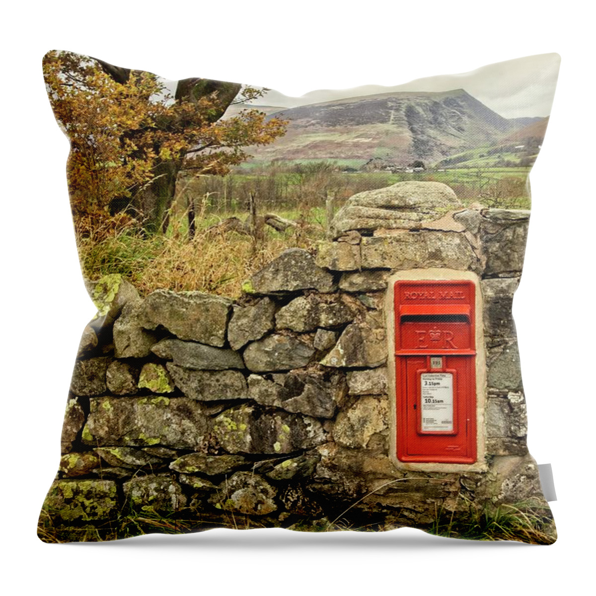Red Post Box Throw Pillow featuring the photograph Red Postbox Down a Country Lane by Martyn Arnold