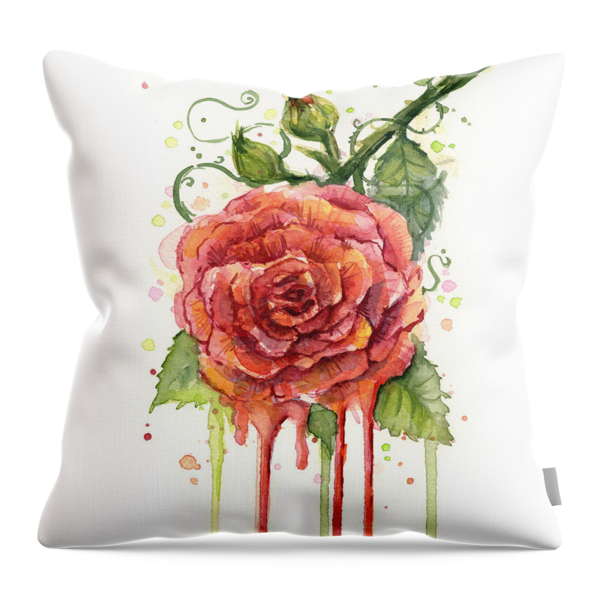 Rose Throw Pillow featuring the painting Red Rose Dripping Watercolor by Olga Shvartsur