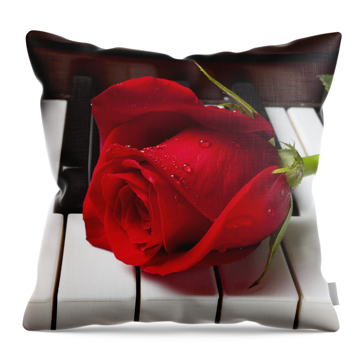 Red Rose Roses Throw Pillow featuring the photograph Red rose on piano keys by Garry Gay