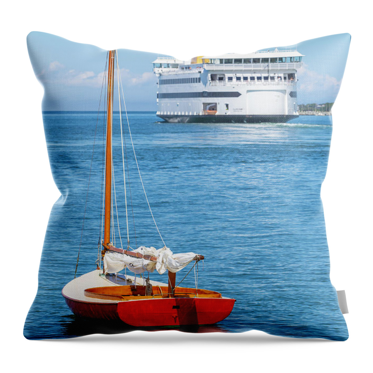 Clarence Holmes Throw Pillow featuring the photograph Red Sailboat and Ferry I by Clarence Holmes