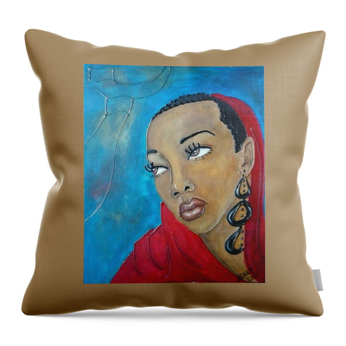 Black Woman Throw Pillow featuring the painting Red scarf by Jenny Pickens