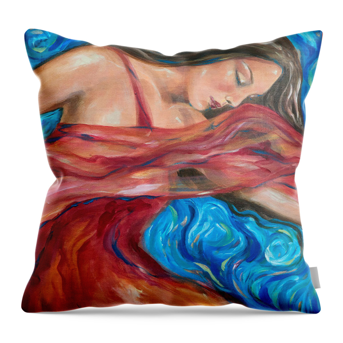 Mermaid Throw Pillow featuring the painting Red scarf by Linda Olsen