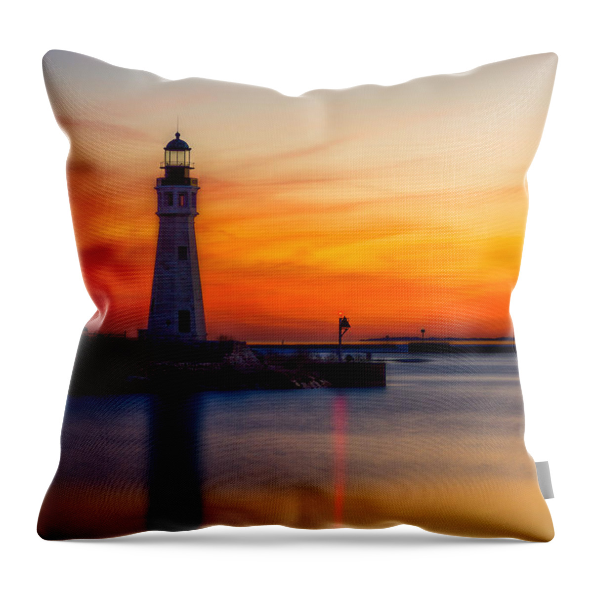 Buffalo Lighthouse Throw Pillow featuring the photograph Red Skies at Night by Chris Bordeleau
