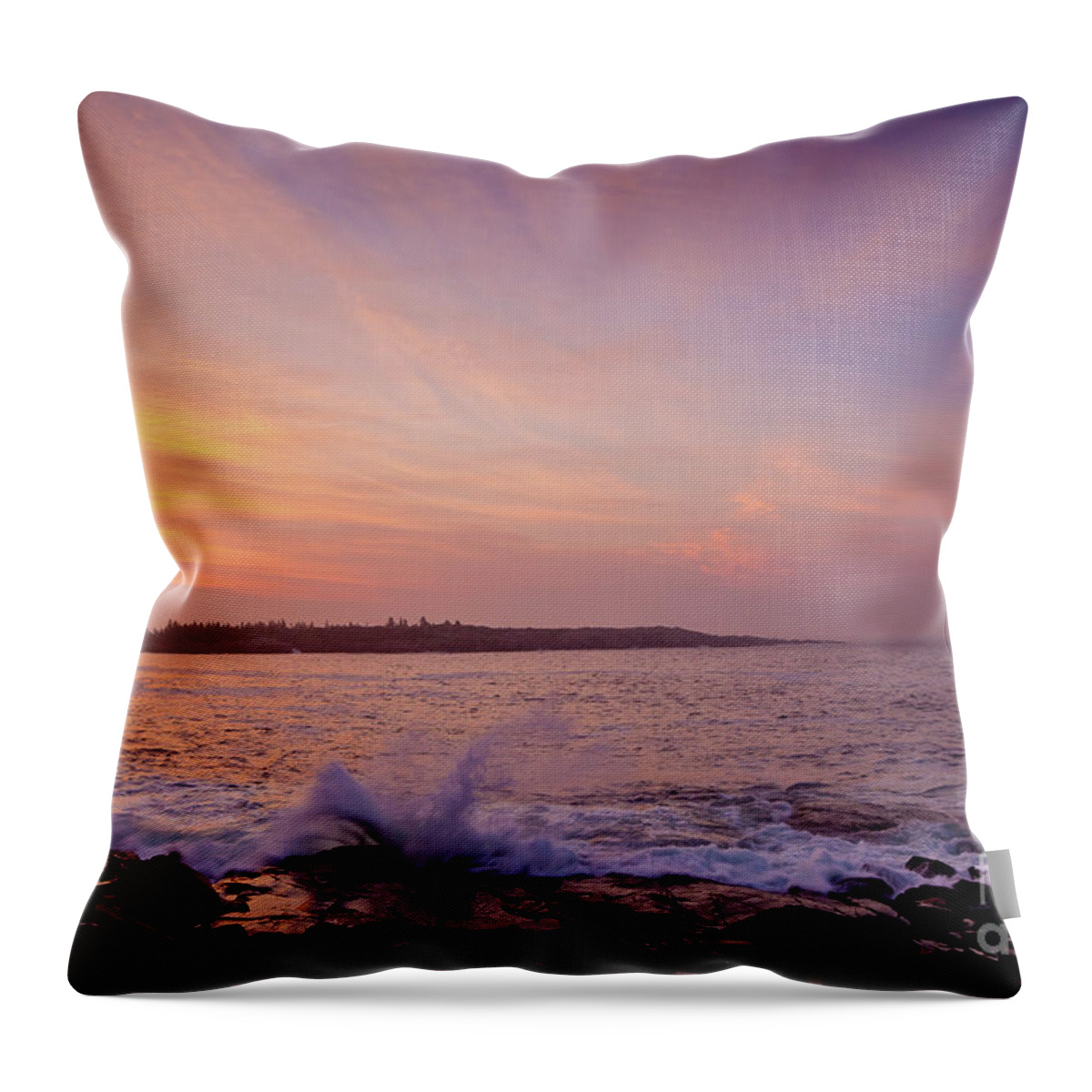 Acadia National Park Throw Pillow featuring the photograph Red Sky and Storm Waves by Susan Cole Kelly