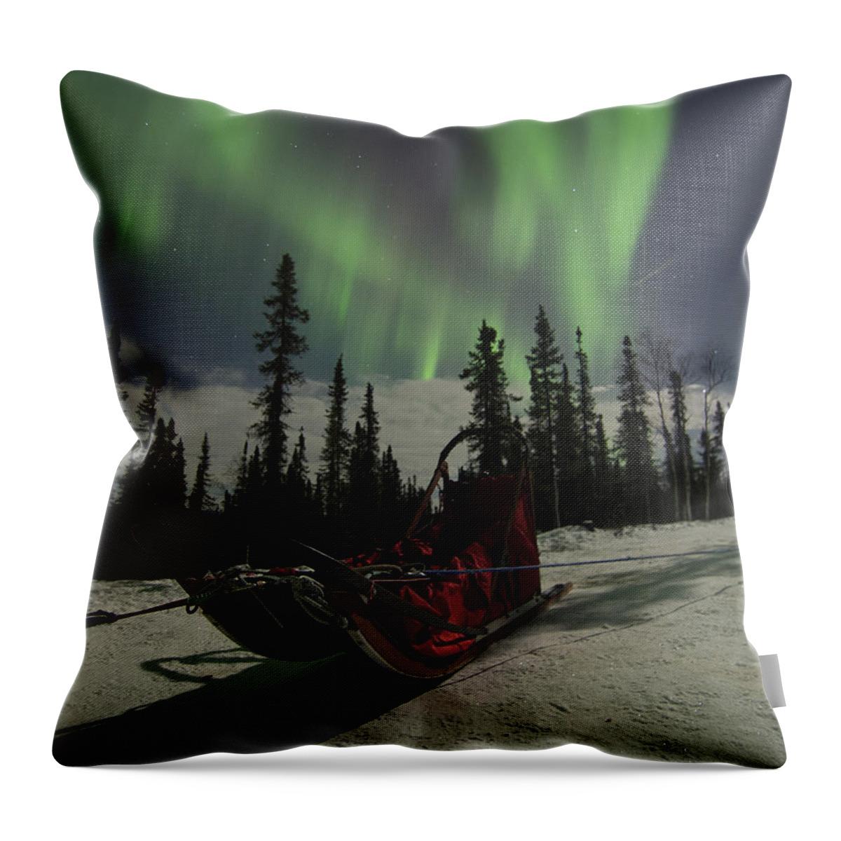 Alaska Throw Pillow featuring the photograph Red-Sled Aurora by Ian Johnson