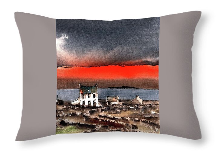  Throw Pillow featuring the painting Red Sunset on Bungowla, Aran, Galway by Val Byrne