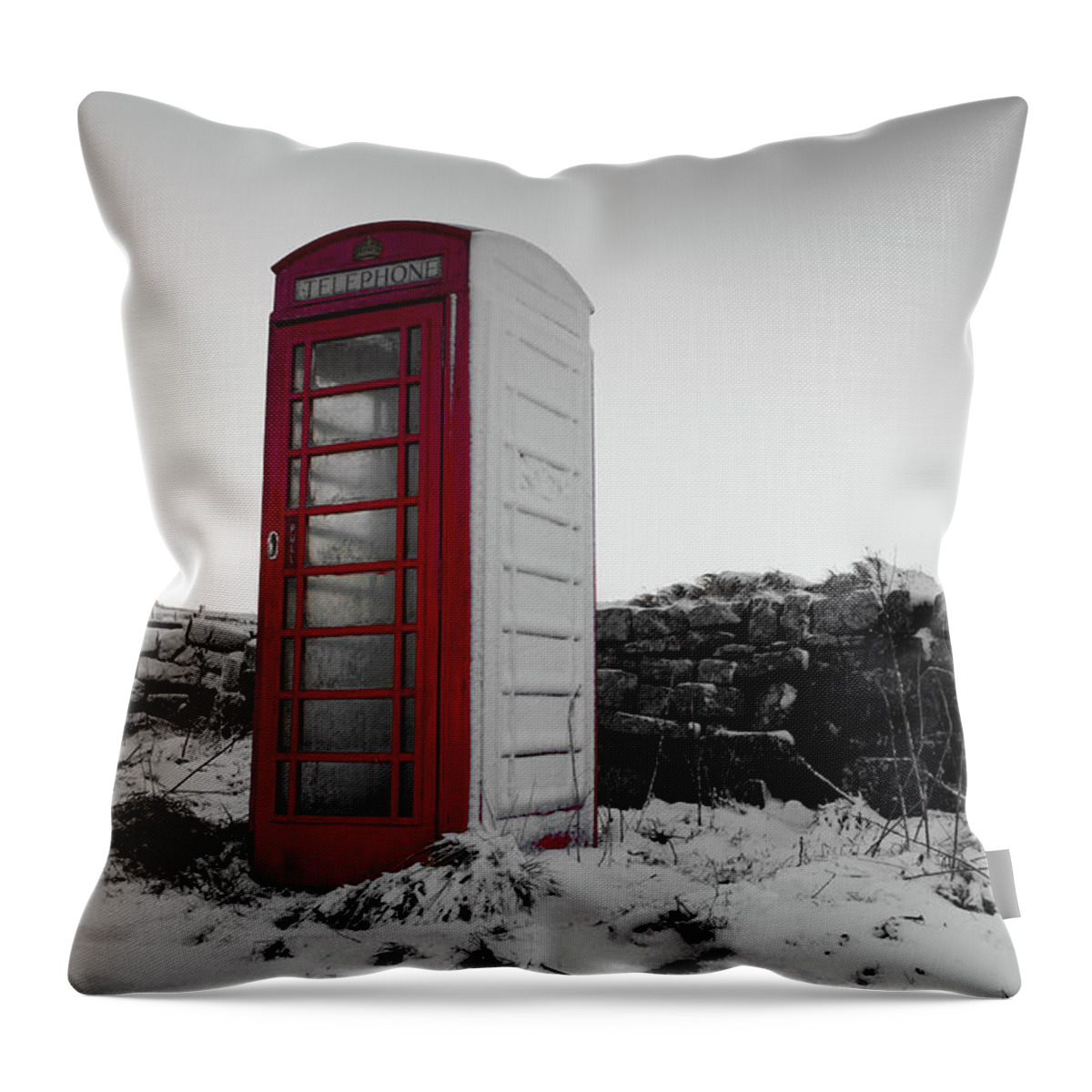 Red Telephone Box Throw Pillow featuring the photograph Red Telephone Box in the Snow vi by Helen Jackson