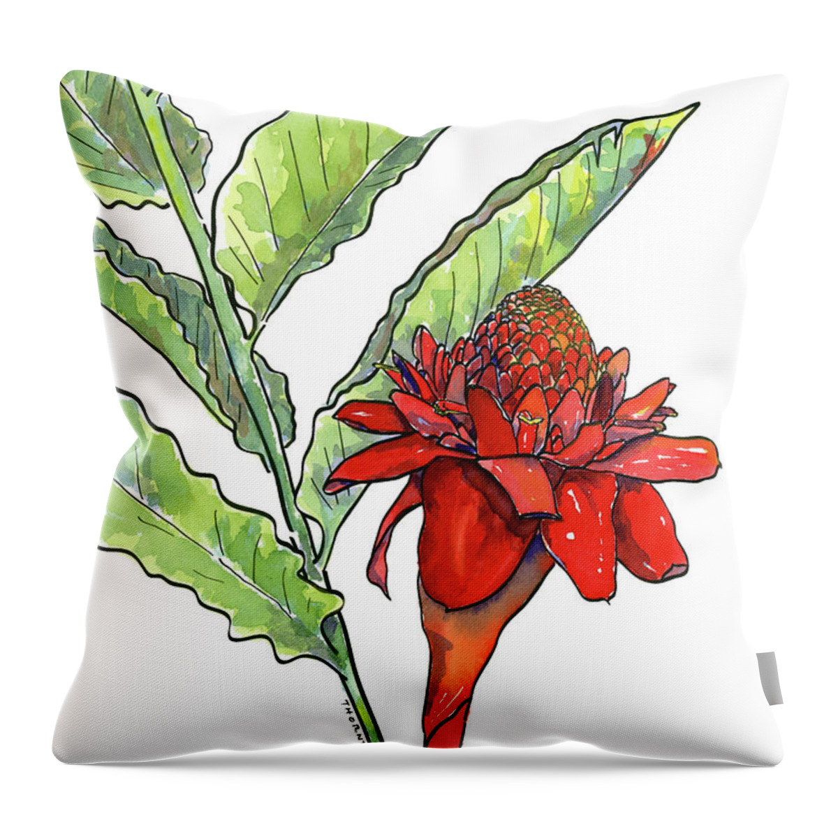 Ginger Throw Pillow featuring the painting Red Torch Ginger by Diane Thornton