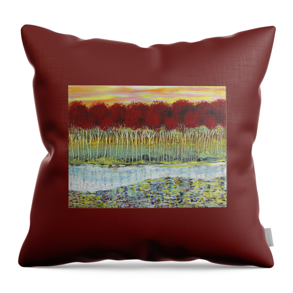 Landscape Throw Pillow featuring the painting Red Trees at water by Sima Amid Wewetzer