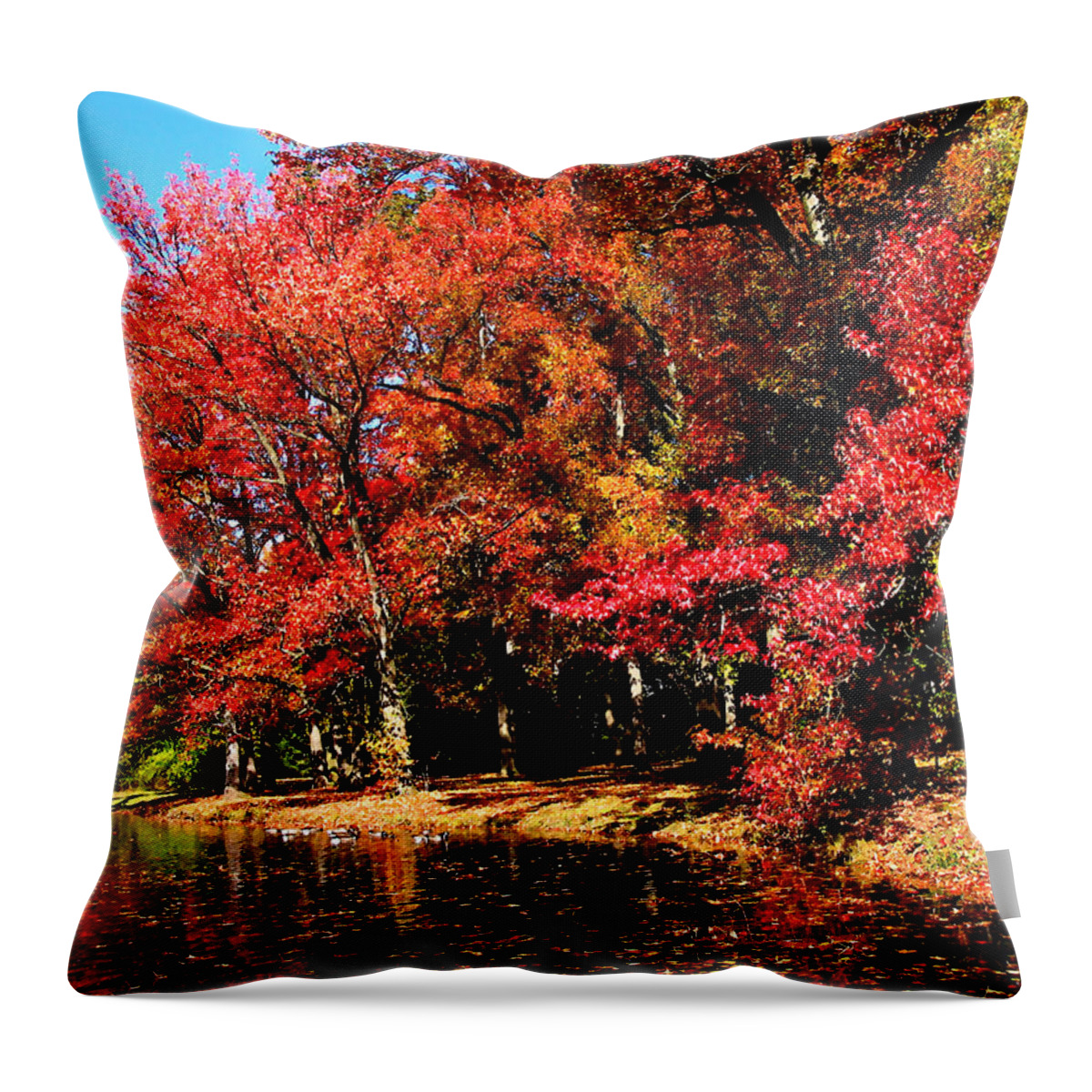 Autumn Throw Pillow featuring the photograph Red Trees by Lake by Susan Savad