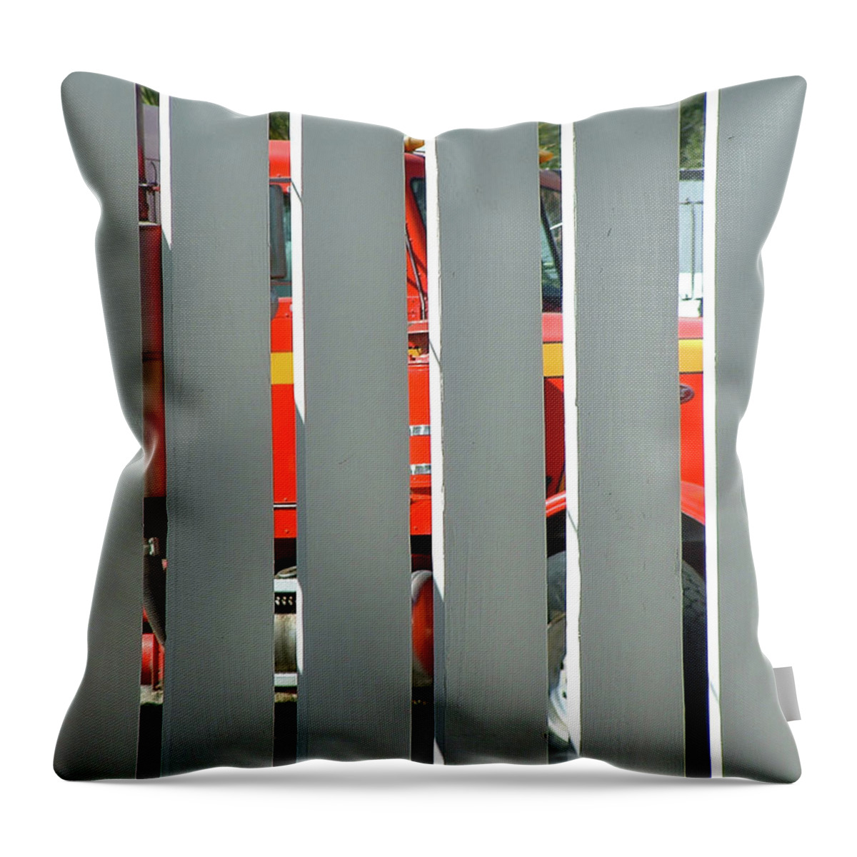 Fence Throw Pillow featuring the photograph Red Truck Through a 2X6 Fence by Stan Magnan