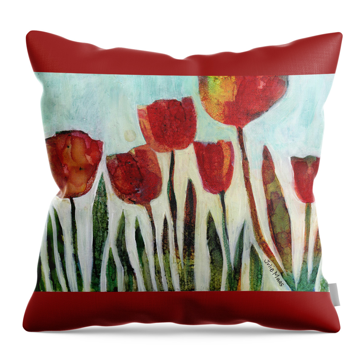 Red Tulips Throw Pillow featuring the painting Red Tulips by Julie Maas