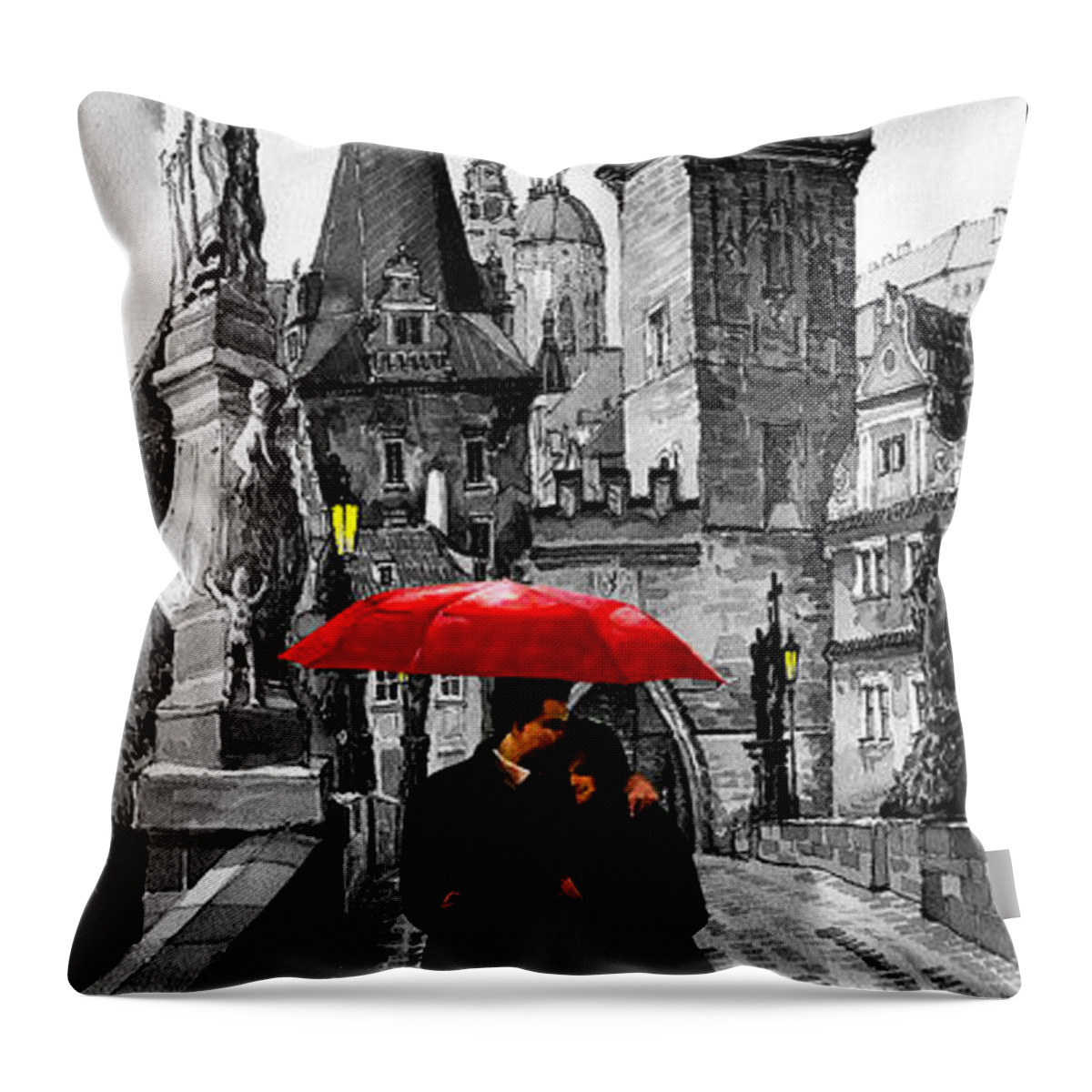 Mix Media Throw Pillow featuring the mixed media Red Umbrella by Yuriy Shevchuk