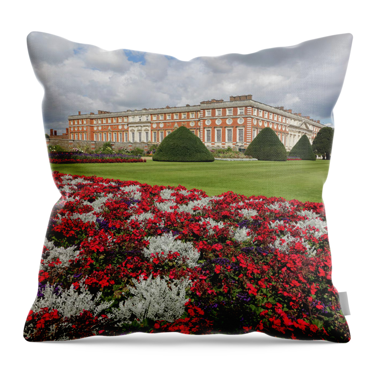 Red White And Blue At Hampton Court Flowers Garden Flower Palace Throw Pillow featuring the photograph Red white and blue at Hampton Court by Julia Gavin