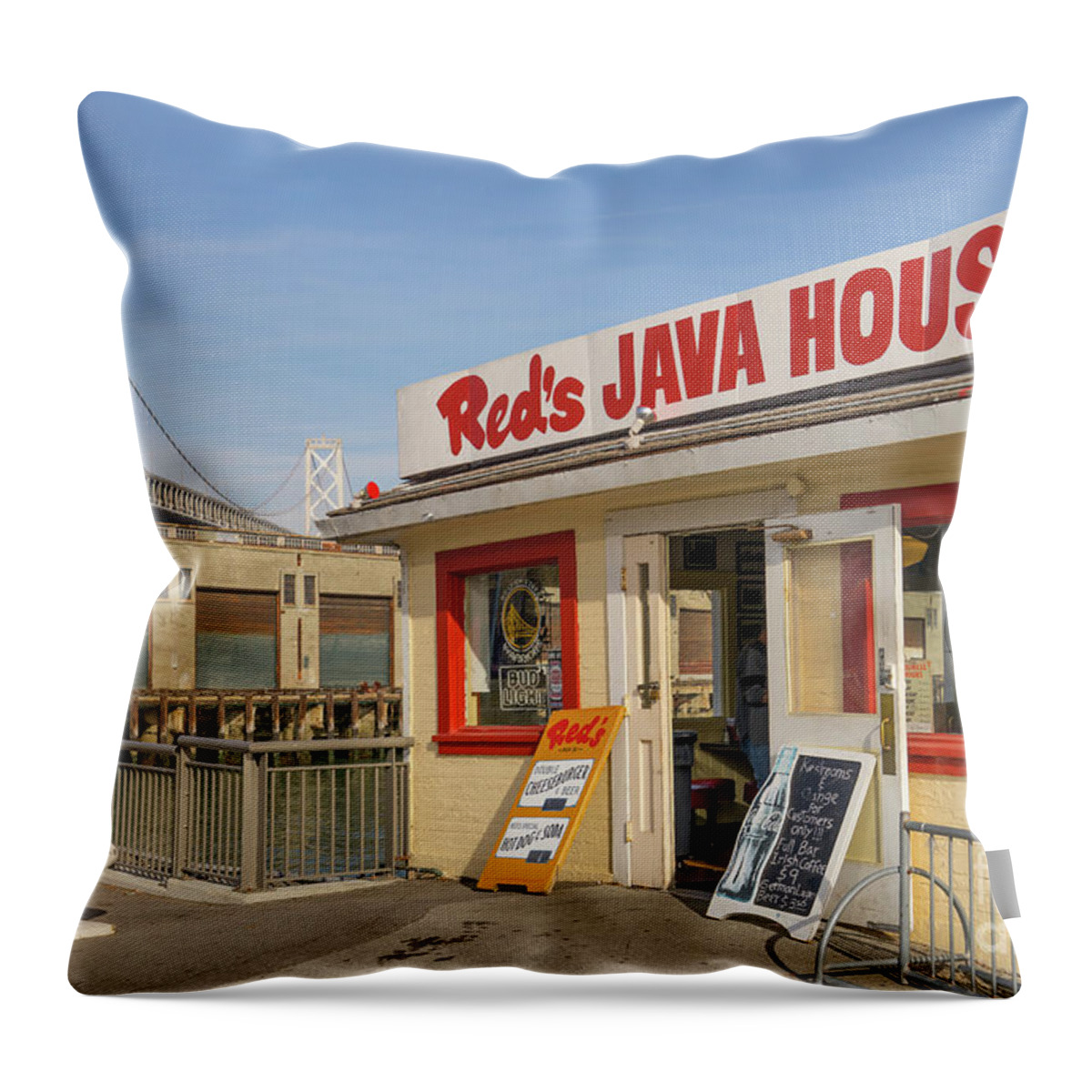 Wingsdomain Throw Pillow featuring the photograph Reds Java House And The Bay Bridge At San Francisco Embarcadero DSC5761 by San Francisco