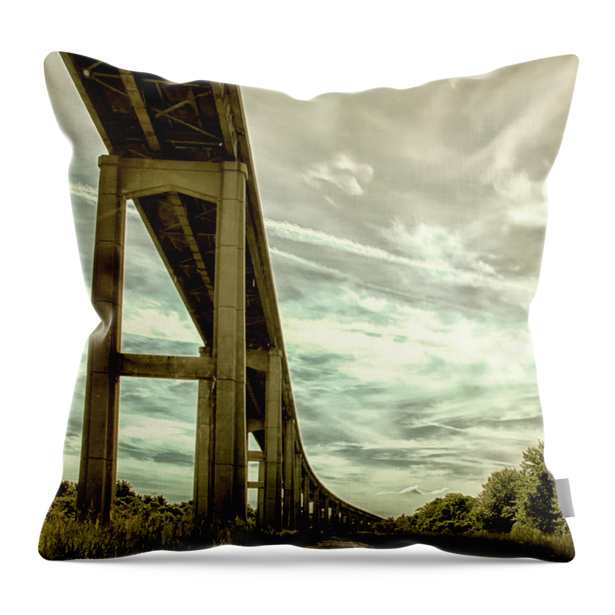Rural Throw Pillow featuring the photograph Reedy Point Bridge Against Sky Abstract Rural Landscape Photograph by PIPA Fine Art - Simply Solid