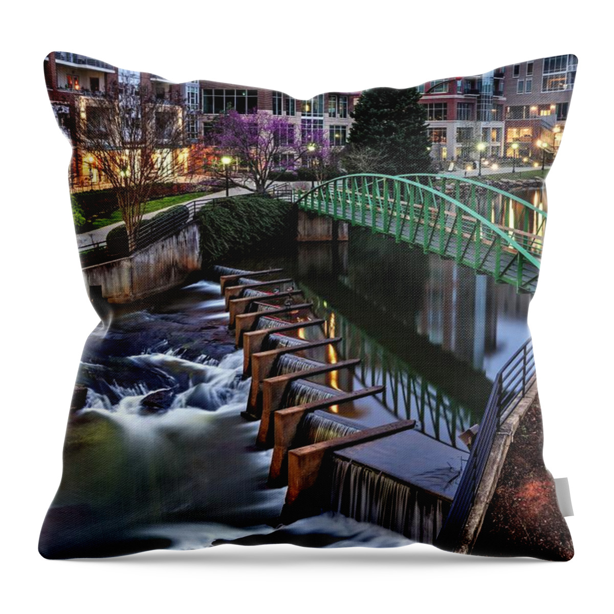 Downtown Greenville Throw Pillow featuring the photograph Reedy River Greenville South Carolina Before Sunrise by Carol Montoya