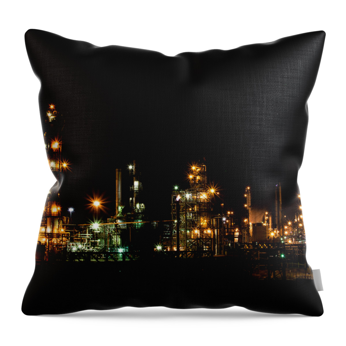 Refinery Throw Pillow featuring the photograph Refinery At Night 2 by Stephen Holst