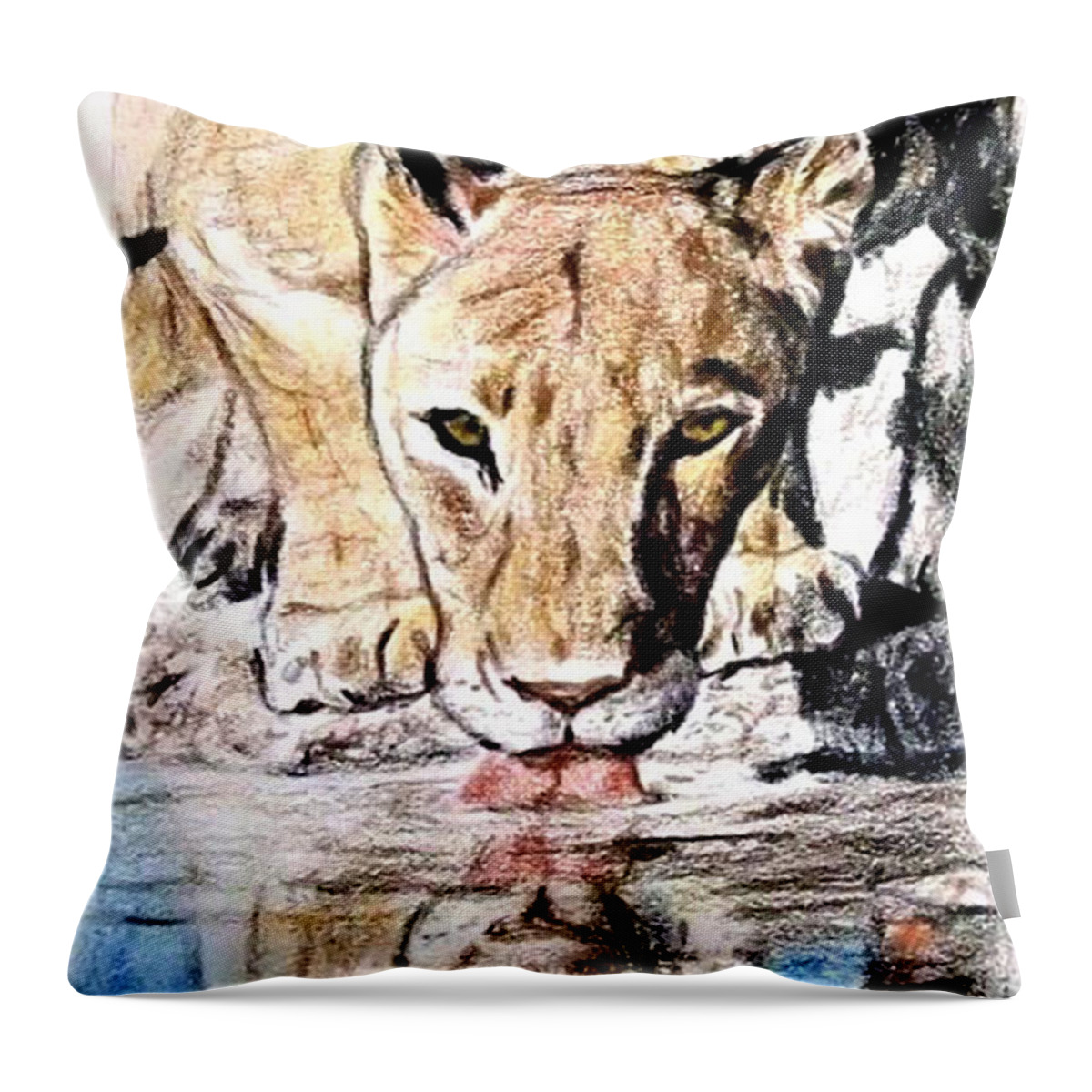 Jim Fitzpatrick Throw Pillow featuring the drawing Reflection of a Lioness Drinking from a Watering Hole by Jim Fitzpatrick