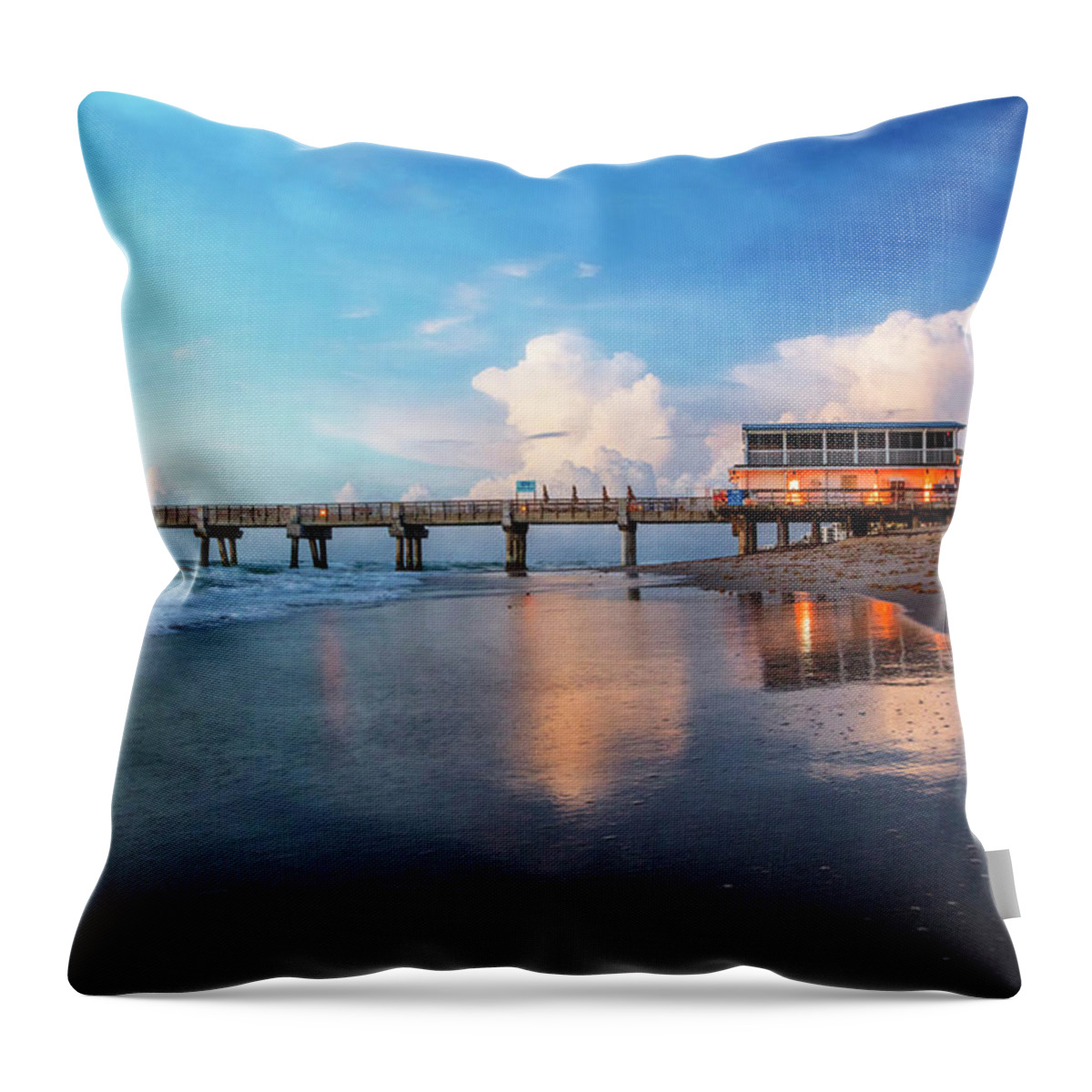 Clouds Throw Pillow featuring the photograph Reflections at Dawn at the Pier by Debra and Dave Vanderlaan